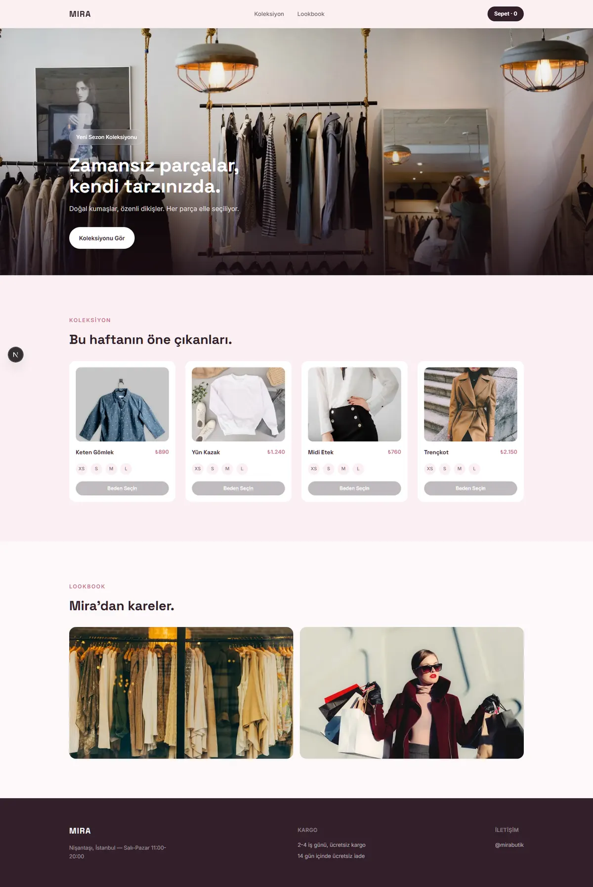Mira Butik konsept sitesinin tam sayfa görünümü